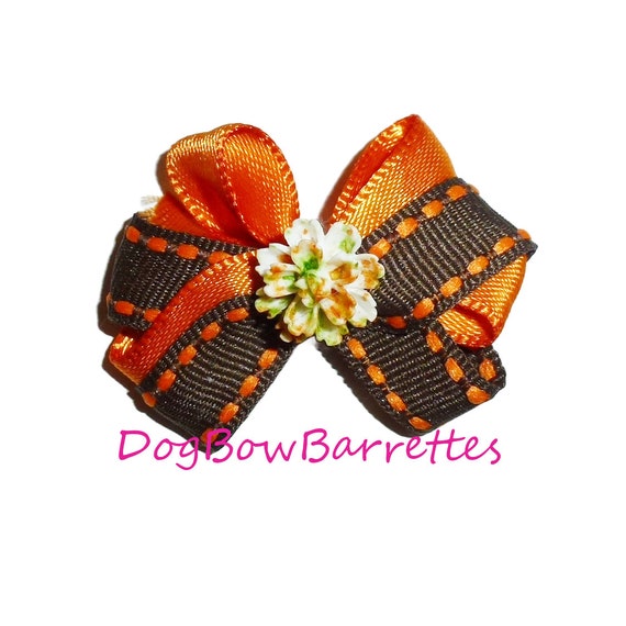 Puppy Bows TINY Orange brown Autumn fall chrysanthemum pet hair clip barrette or latex bands (230a)