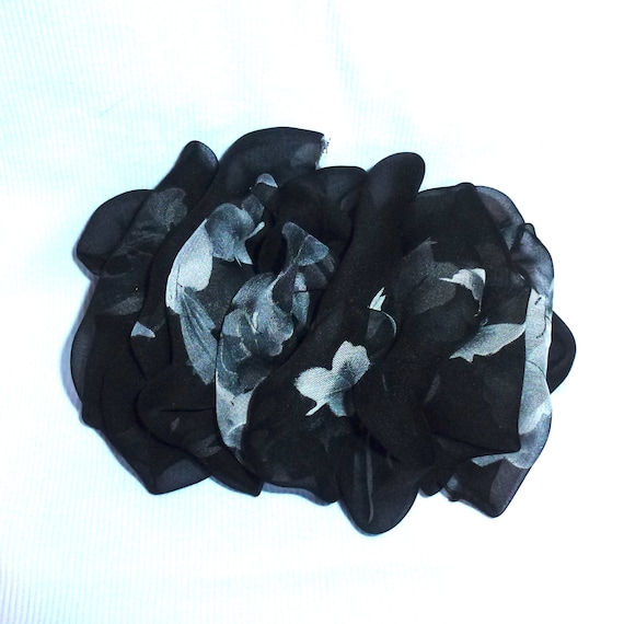 Becky Bows ~ Barrette ribbon Hand crafted over sized BIG hair bow Women or Girls black gray floral