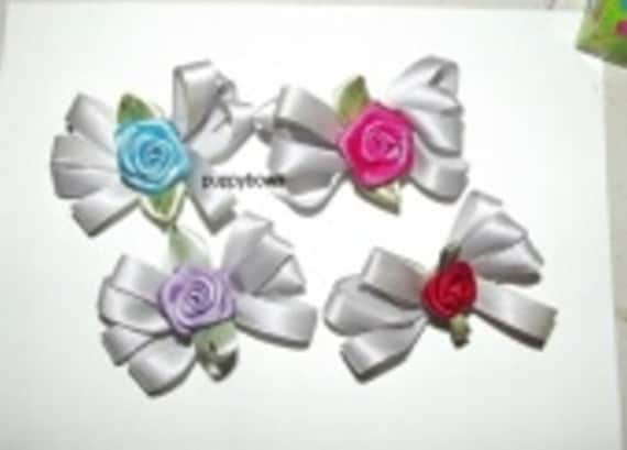 Puppy Bows ~Set of 4 silver rose wild loop dog grooming bow pet hair clip barrette