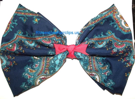 Becky Bows ~OOAK Barrette Hand crafted huge Scarf BIG hair bow Women or Girls giant coral navy paisley