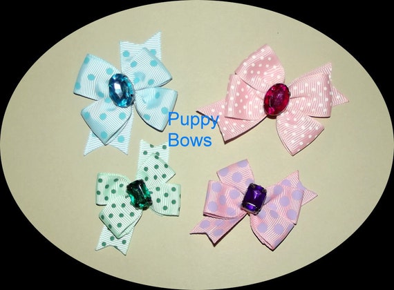 Puppy Bows ~ Pink blue green dotty loops dog pet hair bow - USA made and sold