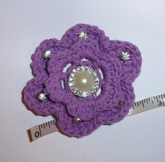 Puppy Dog Bows ~ Purple crochet lavender rose pet hair bow barrettes or bands (fb103)