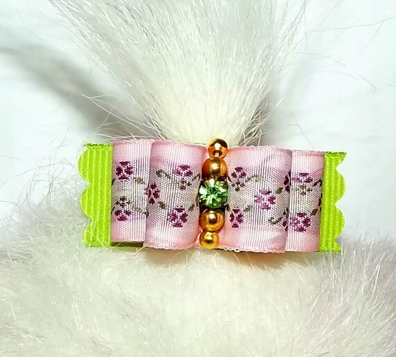 Puppy Bows ~ Pink lime green floral dog grooming bow pet hair barrette