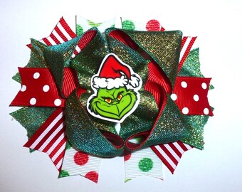 Puppy Bows ~ Dog collar slide bow Christmas mean green face monster  accessory  (DC29)