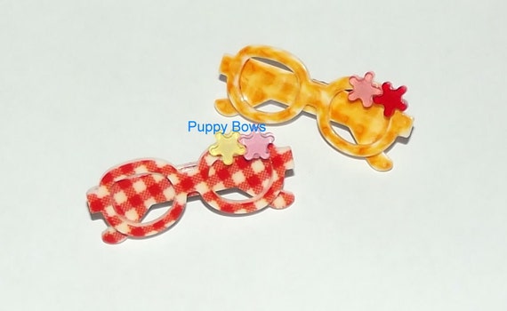 Puppy Dog Bows ~ Red or Yellow Gingham sunglasses barrette with tiny flowers pet hair Yorkie bow
