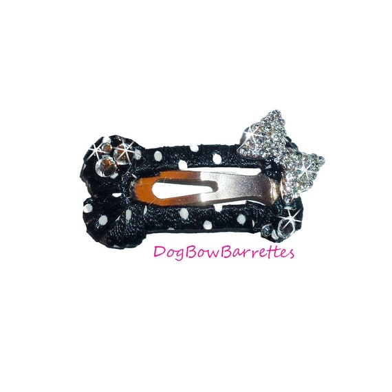 Dog hair bows black white dots dog bone  snap clip with rhinestone bow (fb205)