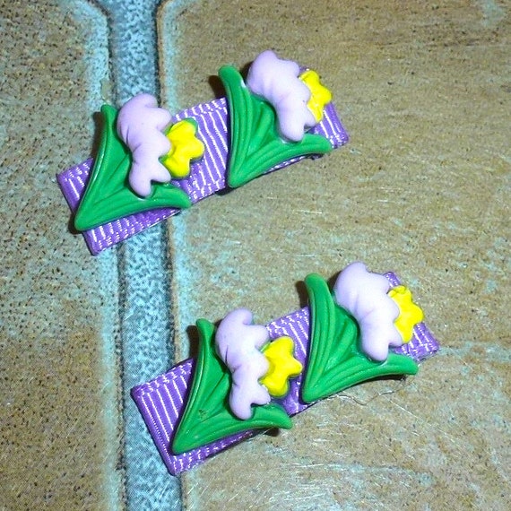 Purple yellow tulip flower snap clip barrette pet hair dog bow (fb361Y)