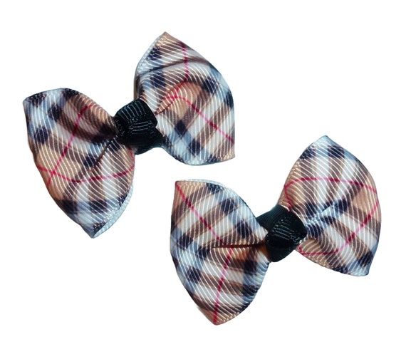 Dog Bow Barrettes brown plaid 2pcs pet hair grooming bows (FB396g)