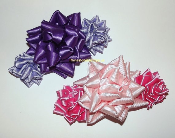 Becky Bows ~ Barrette rhinestones huge Scarf BIG hair bow Women or Girls giant KANZASHI roses pink or purple