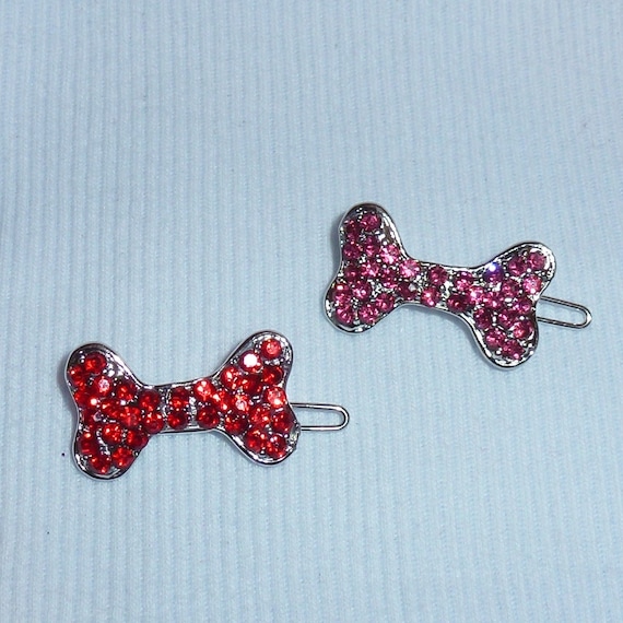 Puppy Bows ~ rhinestone dog bone barrette pink or red jewelry ~USA seller