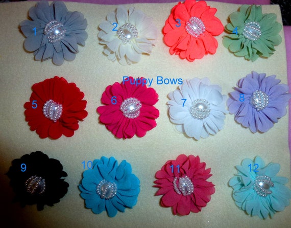 Puppy Bows ~ Shabby chic chiffon carnation flowers 12 colors PEARL centers grooming bow pet hair barrette (fb102)