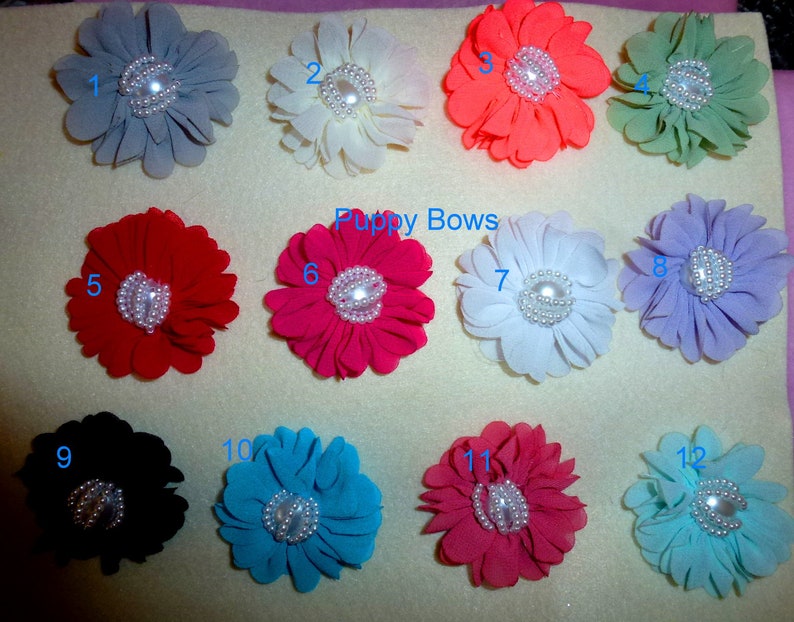 CLEARANCE ~ Shabby chic chiffon carnation flowers 12 colors PEARL centers grooming bow pet hair barrette fb102