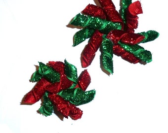 Puppy Bows red green Christmas glitter Korker loop  dog bow  pet hair clip barrette or latex bands corky curly corker