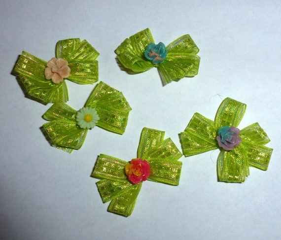 Puppy Bows ~5 green shiny triple loop EVERYDAY BOWS Yorkie Maltese Shih Tzu ~Usa seller (fb81)