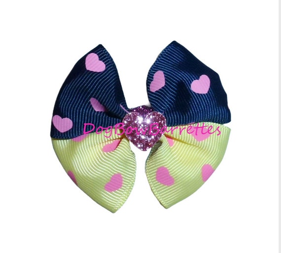 Puppy Dog Bows navy/yellow glitter heart pet hair show bow barrettes or bands (FB188g)