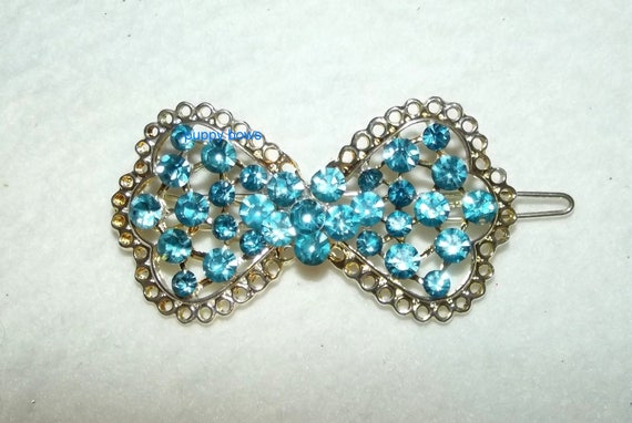 Puppy Bows ~ Rhinestone gold lace blue dog flower bowtie hair barrette ~ US Seller
