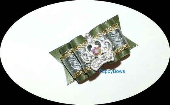 Puppy Bows ~RHINESTONE CROWN dog hair bow or clip 7/8" Shih Tzu bands or barrette dog grooming