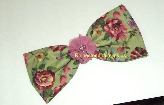 Becky Bows ~OOAK Barrette Hand crafted huge Scarf BIG hair bow Women or Girls giant sage green mauve roses