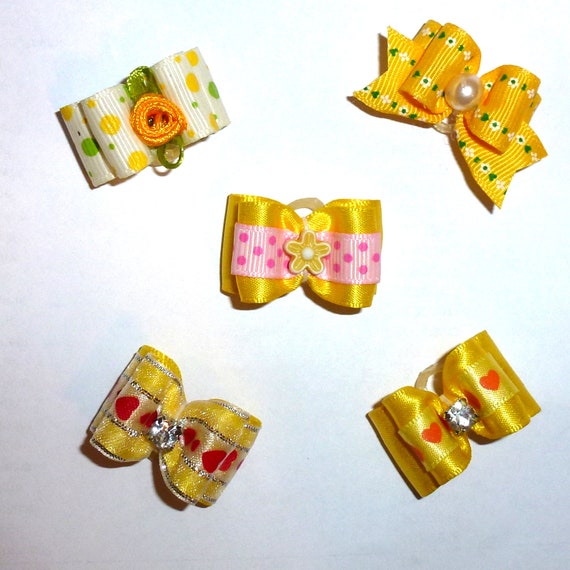 Puppy Bows ~Yellow bows for dogs 5 show bows dog bow pet hair clip barrette or latex bands (sb1)