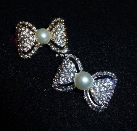 Puppy Bows ~Silver or Gold pearl rhinestone pet hair clip barrette BOWTIE shape~USA seller