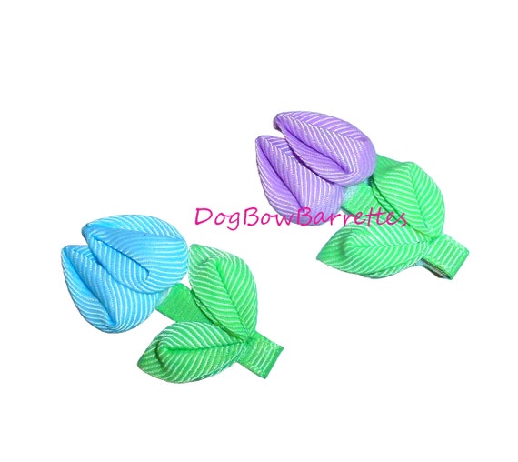 Puppy Dog Bows ~ Tulip flowers 2 pieces pet hair bow  barrettes  (fb10C)