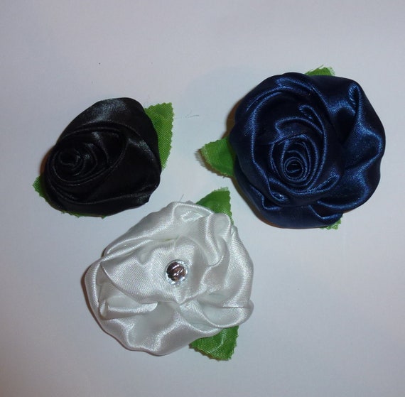 Puppy Dog Bows ~ SET OF THREE navy, black, white rose pet hair bow barrettes or bands (fb103)