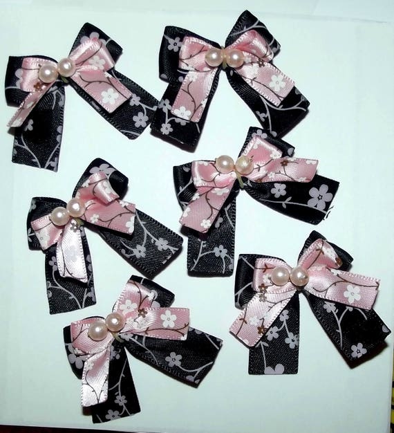 Puppy Bows ~6 black pink Japanese floral EVERYDAY BOWS Yorkie Maltese Shih Tzu ~Usa seller (fb81)