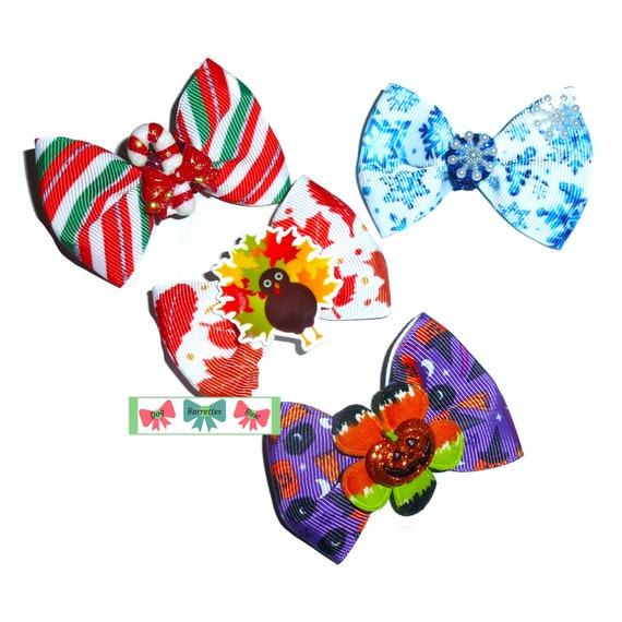 Puppy bows  CHRISTmas Holiday season set dog hair bow barrettes or bands (fb608)