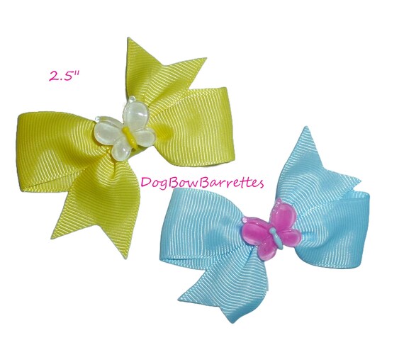 Puppy Bows ~  Blue or yellow swallowtail with butterfly hair bows collar slide  barrette or bands pet dog bow (fb200b)