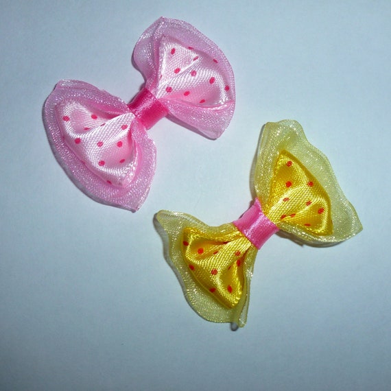 Puppy Bows ~8 pink yellow polka dot organza EVERYDAY BOWS Yorkie Maltese Shih Tzu ~Usa seller (fb81)