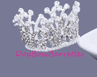 Lazos para cachorros ~ IMPRESIONANTE perla flores de cristal 3D tiara redonda completa plateada para perros corona de pelo de mascota pasador estilo concurso de belleza (fbg6)