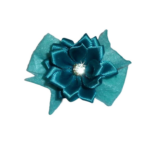 Puppy Dog Bows teal satin flower pet hair show bow barrettes or bands (FB188i)