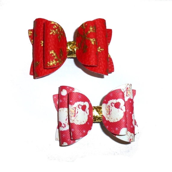 Fanciful Christmas red gold snowflake or Santa Claus bows dog barrette or bands  pet hair bow  - (br4A)