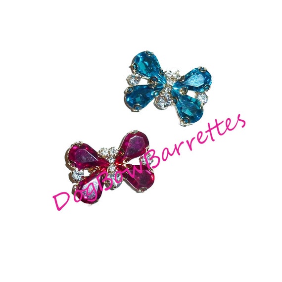 Puppy Bows ~ Small crystal pink or blue butterfly style 72 rhinestone dog bow barrette