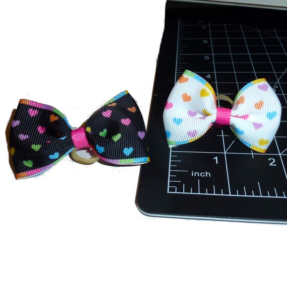 Rainbow hearts x 2 latex bands or  barrette  clip pet hair dog bow (fb361S)