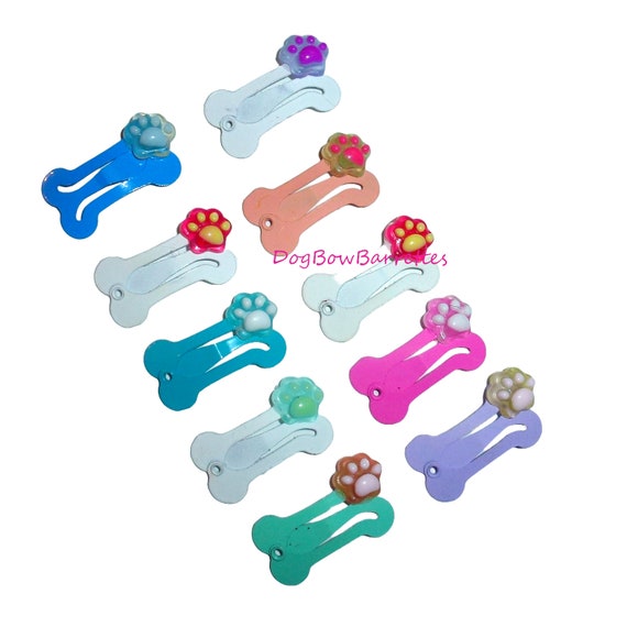 Puppy Bows ~ Set of 10 paw print dog bone pet hair snap clips barrettes (FB12)