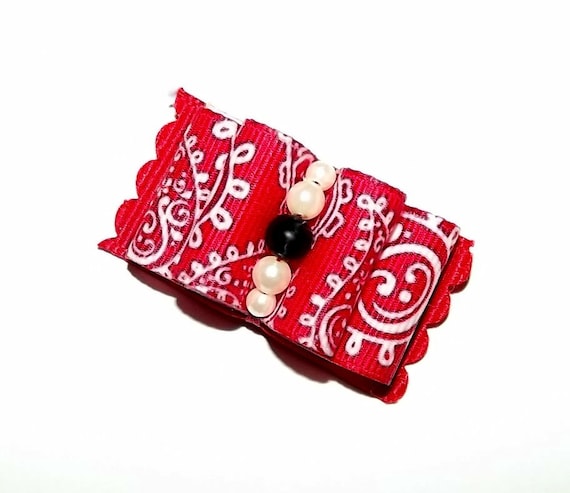 Puppy Bows ~5/8" double looped show bow SIX RED pet hair bows Yorkie barrette or latex bands~USA seller