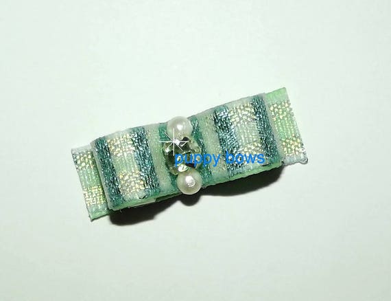 Puppy Bows ~ 3/8" green shiny stripes show pet hair bow latex bands or barrette (fb97)