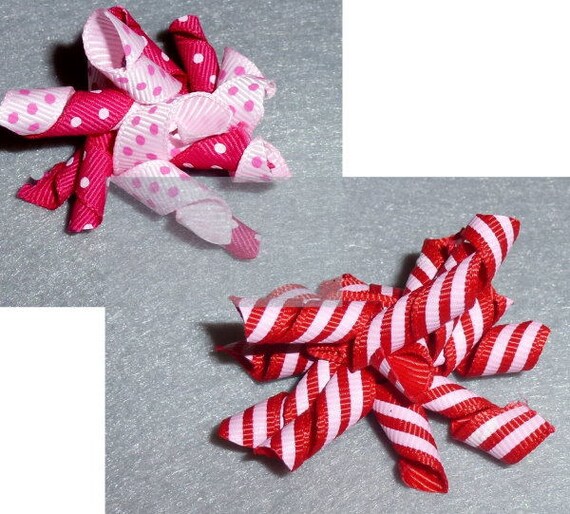 Puppy Bows ~Pink polka dot red stripe Korker loop dog bow pet hair clip barrette or latex bands (fb83)
