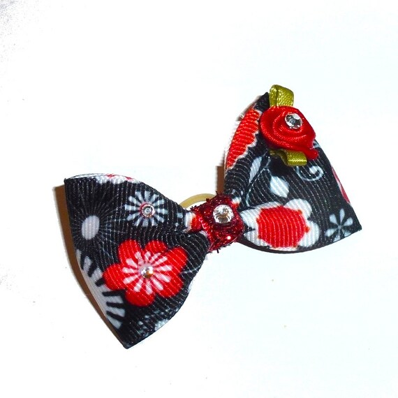 Puppy bows red black floral bowtie shape  pet hair bow barrettes or bands (fb424)