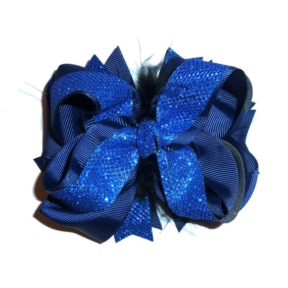 Puppy Bows ~  New year's midnight blue glitter bow 5" big  bowknot bow bands or barrette or collar slide  (DC45)