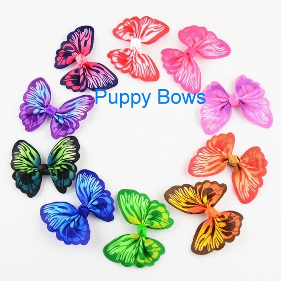 Puppy Bows ~ BACK IN STOCK! Vibrant multicolor butterfly pet dog hair clip barrette or latex bands ~Usa seller (fb39)