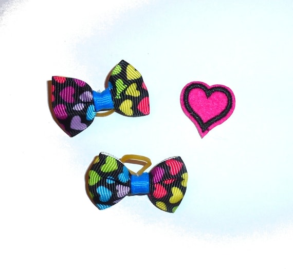 Rainbow hearts dog bows with latex bands and a pink/black heart  1" wide pet hair barrette bow  (fb145J)