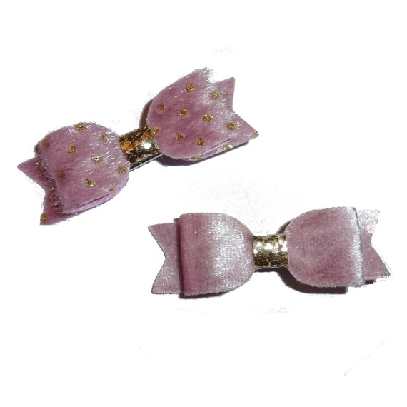 Fanciful small pink fuzzy velvet glitter bows dog barrette or bands  pet hair bow  - (br7A)