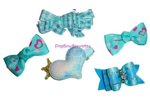 DogBowBarrettes mixed blue set  pet hair bow barrettes or bands (fb71)