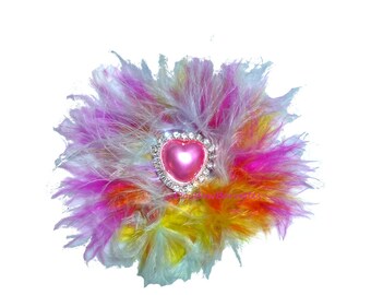 Puppy Bows ~  Multi color feather boa pink rhinestone heart hair bows collar slide  barrette or bands pet dog bow (fb360)