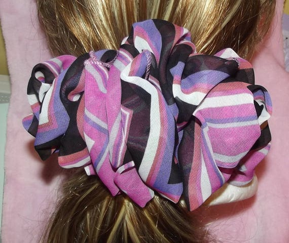 Becky Bows ~OOAK ROSETTE Barrette Hand crafted giant huge Scarf BIG hair bow Women or Girls brown purple stripes