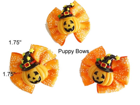 Puppy Bows ~ CLEARANCE! HALLOWEEN PUMPKIN dog bow pet hair clip barrette (fb19)