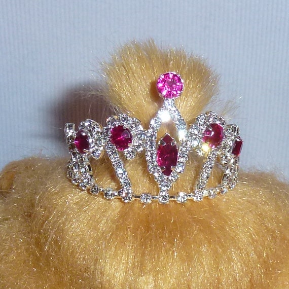Puppy Bows ~ STUNNING 3D silver full round tiara for dogs pet hair crown beauty pageant style barrette (pink stone)