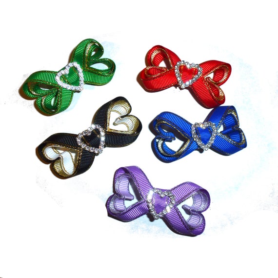 Puppy Bows ~ Valentine's day heart bows rhinestone heart center barrette or bands pet dog bow